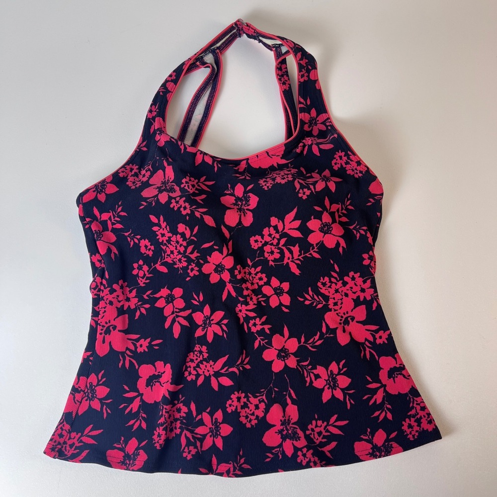 Lands' End Tankini Top Women Navy Pink Floral Ribbed Halter Beach Tropical Sz 8